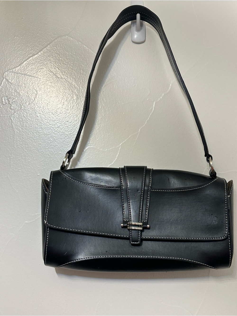 The Limited Black Leather Shoulder Bag with White Stitching